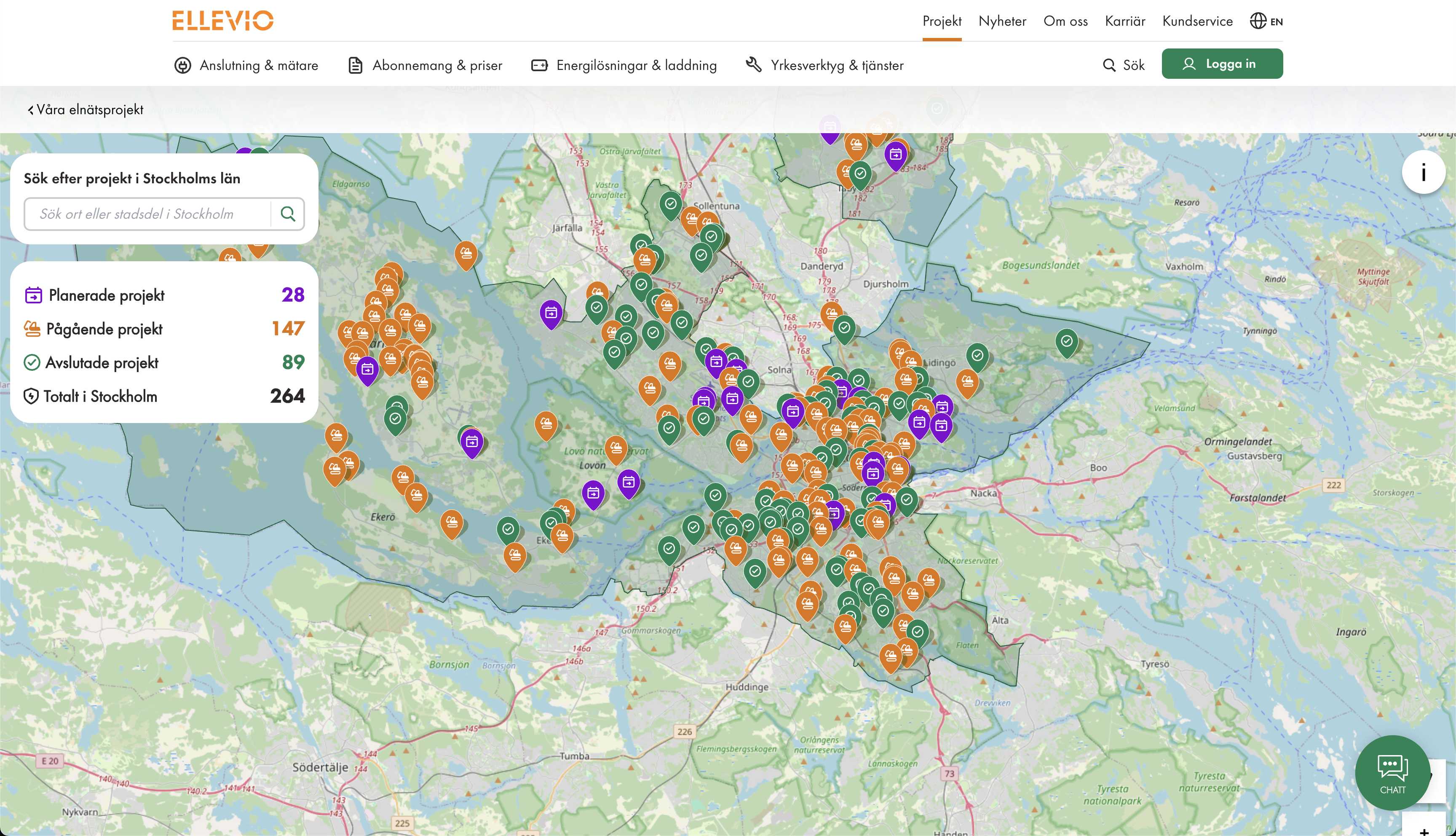 Projektkarta med filter för pågående arbeten