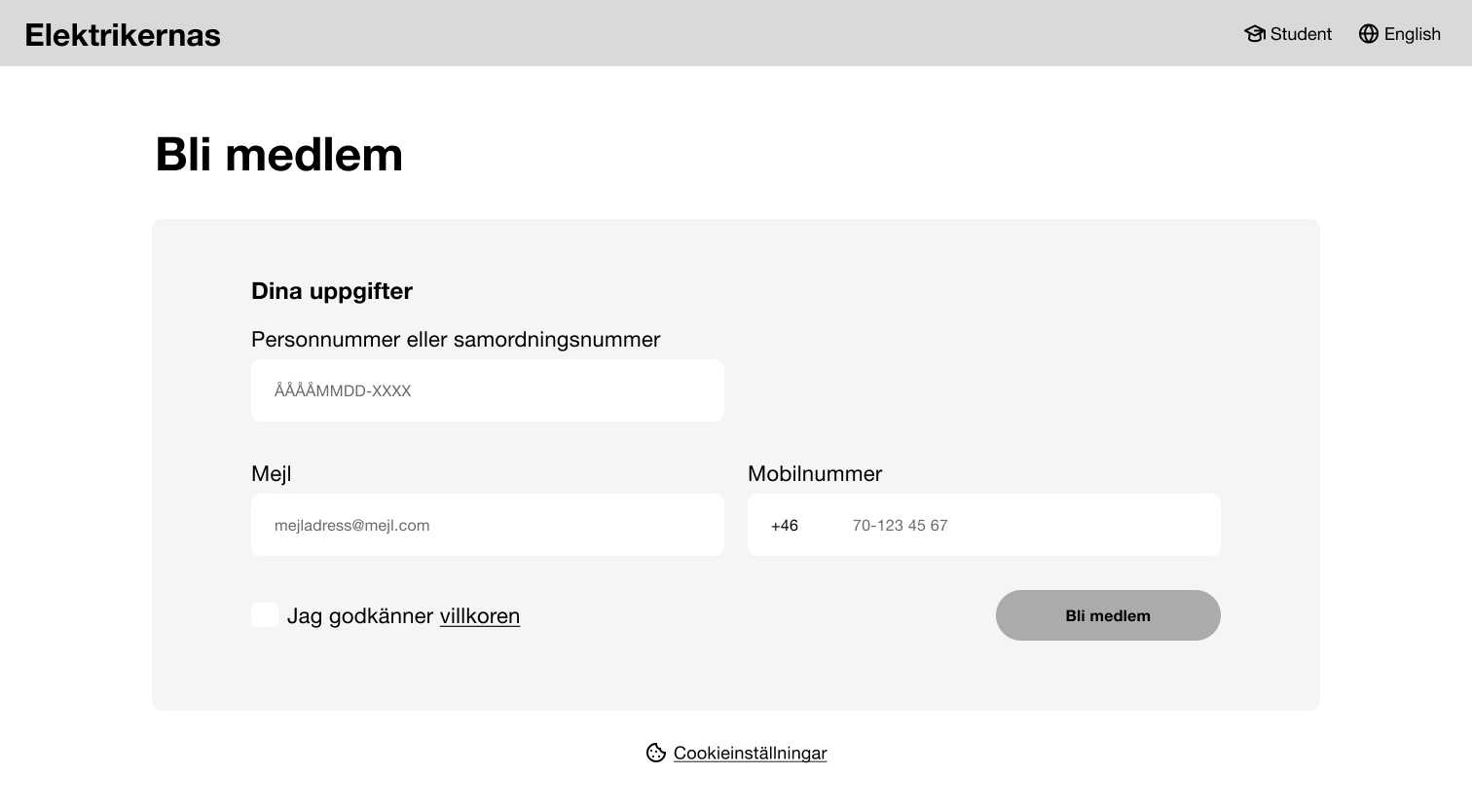Inträdesformulärets steg i wireframe
