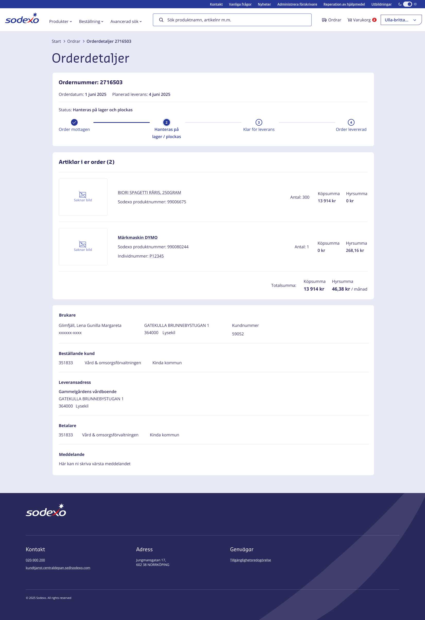 Ordervy med orderstatus och leveransinformation
